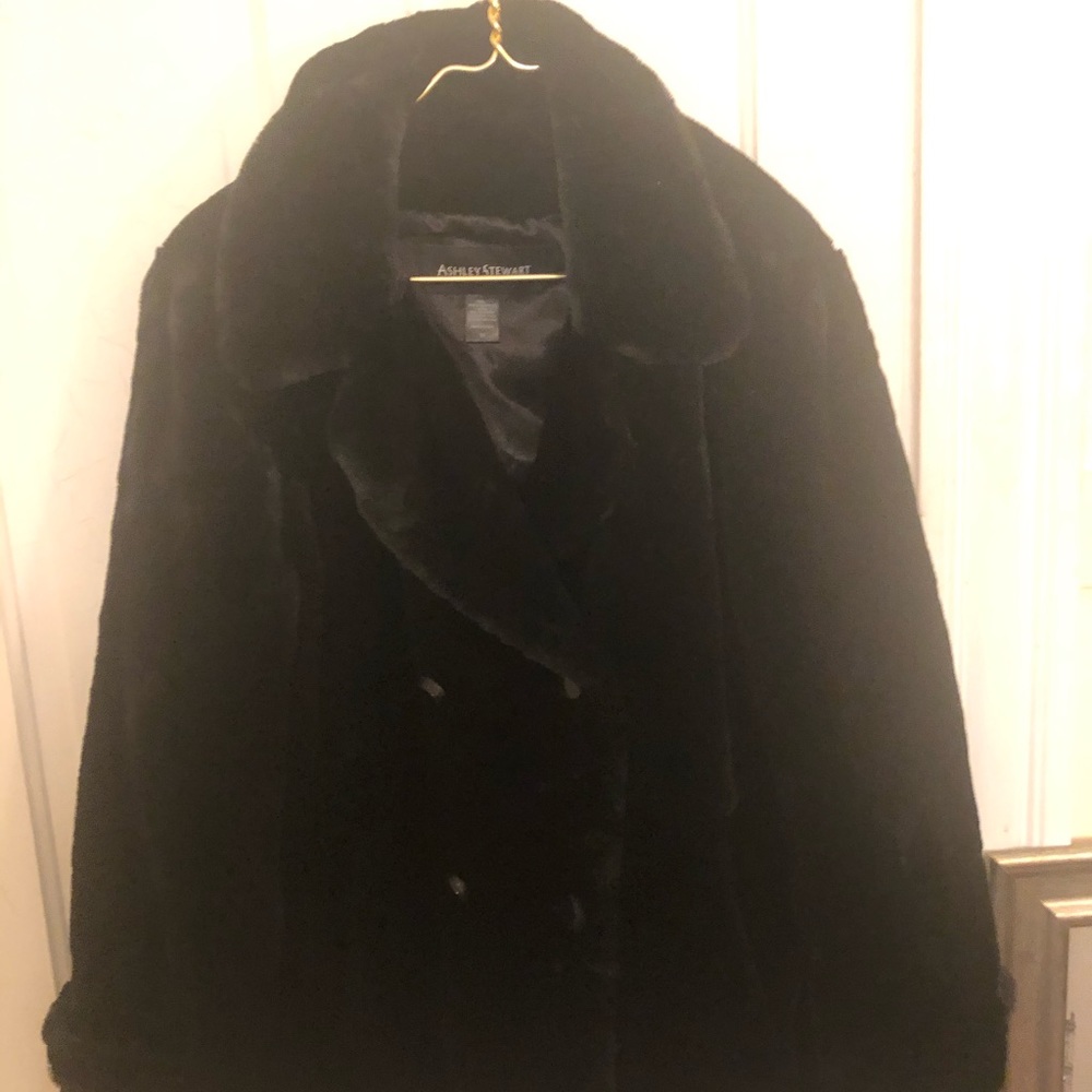 Ashley Stewart 1X Black Faux Fur Pea Coat - Picture 3 of 7